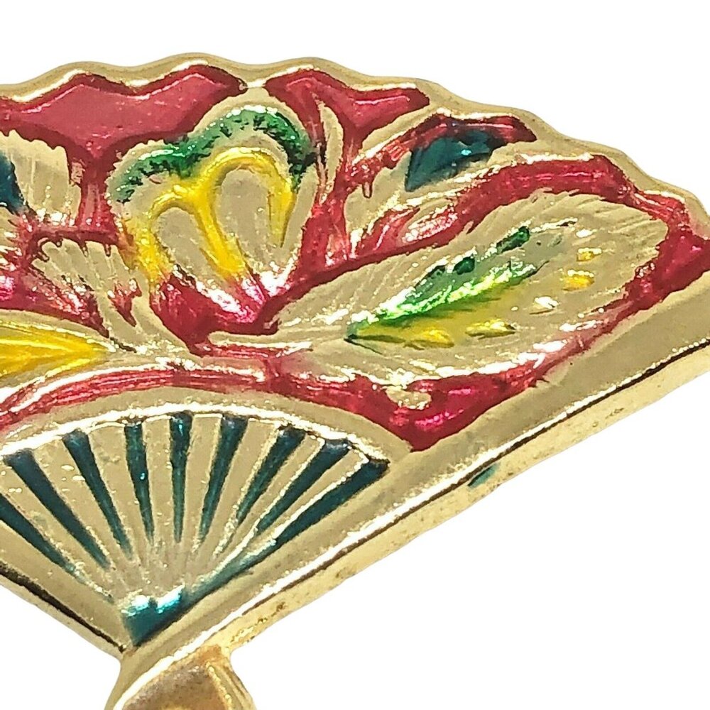 Vintage Cloisonné Gold Tone Fan Brooch Pin Red Yellow Blue Leaves Pin Back - Picture 2 of 6